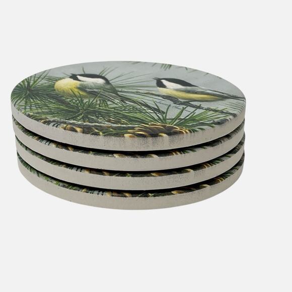 Counter Art Coasters Set 4 Chickadee Birds Pine Tree Absorbent Stone Cork Back - Picture 3 of 8